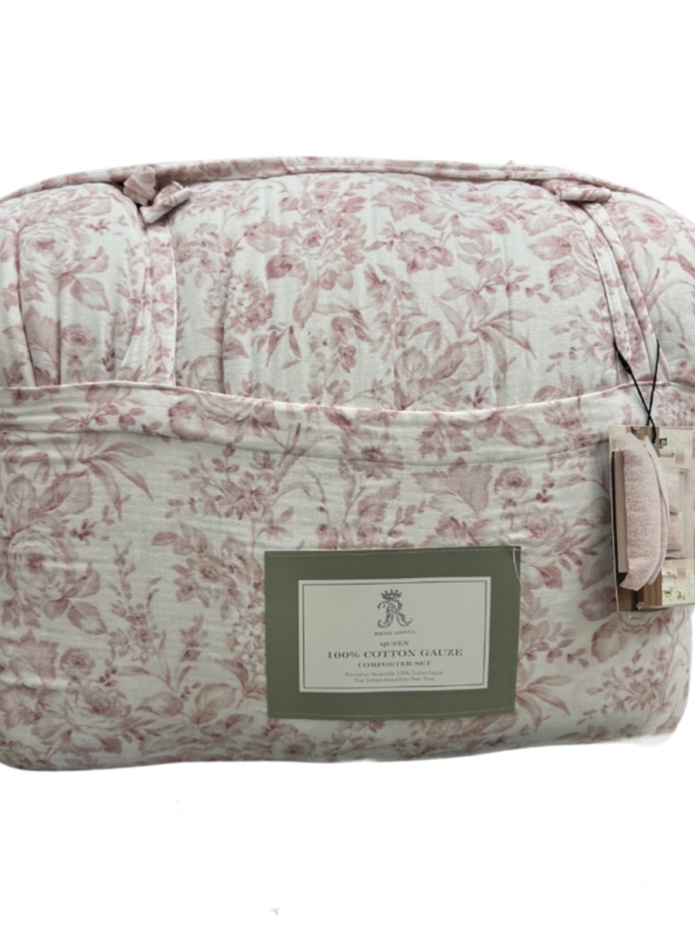 Rachel Ashwell Floral Pink and White Cotton Gauze Queen Comforter Set 90”x90”